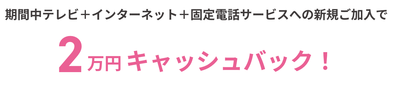 期間中テレビ＋インターネット＋固定電話サービスへの新規ご加入で2万円 キャッシュバック！